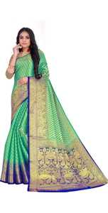 Sari en soie vert et or avec motif Buti pour mariage et festivals, tenue traditionnelle pour femmes, longueur au sol - Product Image 3