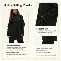 Tenue de sport modeste noire unie OEM personnalisée 2 pièces pour femme, col rond, manches cape, fente latérale, trou pour le pouce, tunique musulmane classique