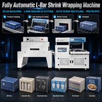 Machine d'emballage sous film rétractable entièrement automatique à barre en L, 30-60 sacs/min, tunnel de thermosoudage pour film POF/PVC, boîtes cosmétiques et alimentaires, certifiée CE