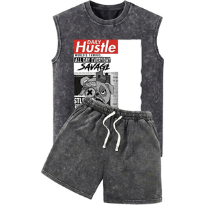 Conjunto de Camiseta sin Mangas para Hombre Daily Hustle, Estilo Urbano, Chaleco de Algodón con Cordón y Pantalones Cortos, Ropa Casual de Verano de Secado Rápido - Product Image 1