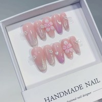 TSZS Ongles Press-On de Luxe 3D Fleur Faits Main, Courts Amande, Motif Floral Français, Réutilisables, 10 Pièces, Faux Ongles Portables pour DIY