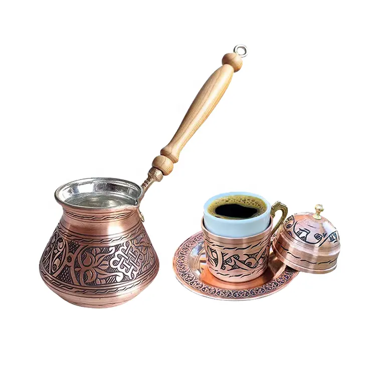 Handmade Engraved High Quality Hammered Copper Cezve Turkish Coffee Pot with Brass Handle