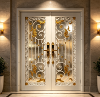Porte d'entrée résidentielle de sécurité en fer forgé de luxe haut de gamme - Décor doré forgé avec panneau de verre à double motif