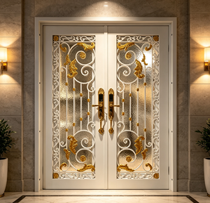 Puerta de Entrada de Seguridad Residencial de Hierro Forjado de Lujo Premium - Decoración Dorada con Panel de Vidrio de Doble Diseño - Product Image 5