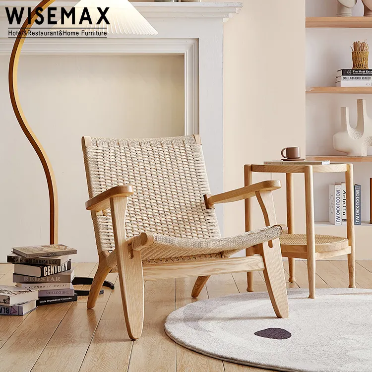 WISEMAX-Silla de salón tejida de madera y Ratán, mueble de estilo nórdico, reposabrazos, para sala de estar