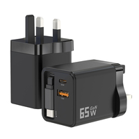 Pengisi Daya USB C 65W GaN dengan Kabel Retraktil, Adaptor Perjalanan, PD QC3.0, Tipe C USB-A, Dua Port USB, ODM