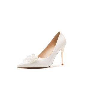 <b>White</b> Satin Stiletto <b>Heels</b> With Floral Pearl Embellishment Wedding Shoes For Women Adult Size 35-40 - Product Image 5