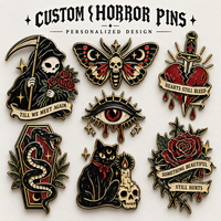 Badge d'horreur personnalisé découpé et estampé, nickel brillant, squelette, cercueil, vampire, épingle d'Halloween, fournisseur en gros, vente en vrac et au détail