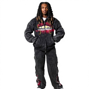 Conjunto de Sudadera con Capucha Negra para Hombre, Estilo Urbano Estampado, Felpa, Ropa Casual de Otoño, Sudadera de Mezcla de Algodón y Felpa, Informal de Otoño - Product Image 3