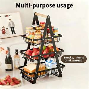 Étagère de rangement pour snacks, pain et légumes, panier en fil de fer avec poignée en bois, pour camping, pique-nique, salon, moderne, non pliable, pour fruits - Product Image 2