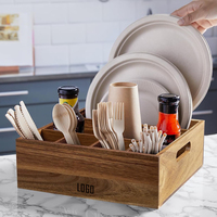 Porte-ustensiles en bois d'acacia, organisateur de rangement, 6 compartiments pour assiettes en papier, gobelets, fourchettes, cuillères, cuisine, camping, buffet