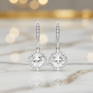 Orecchini pendenti classici da donna in argento 925 con cristalli e strass, montatura geometrica, gioielli da sposa - Product Image 2