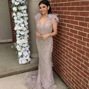 Luxury Dubai Champagne Feathers Evening Dress Long Mermaid Prom Formal Dress For Women Wedding Party Gown