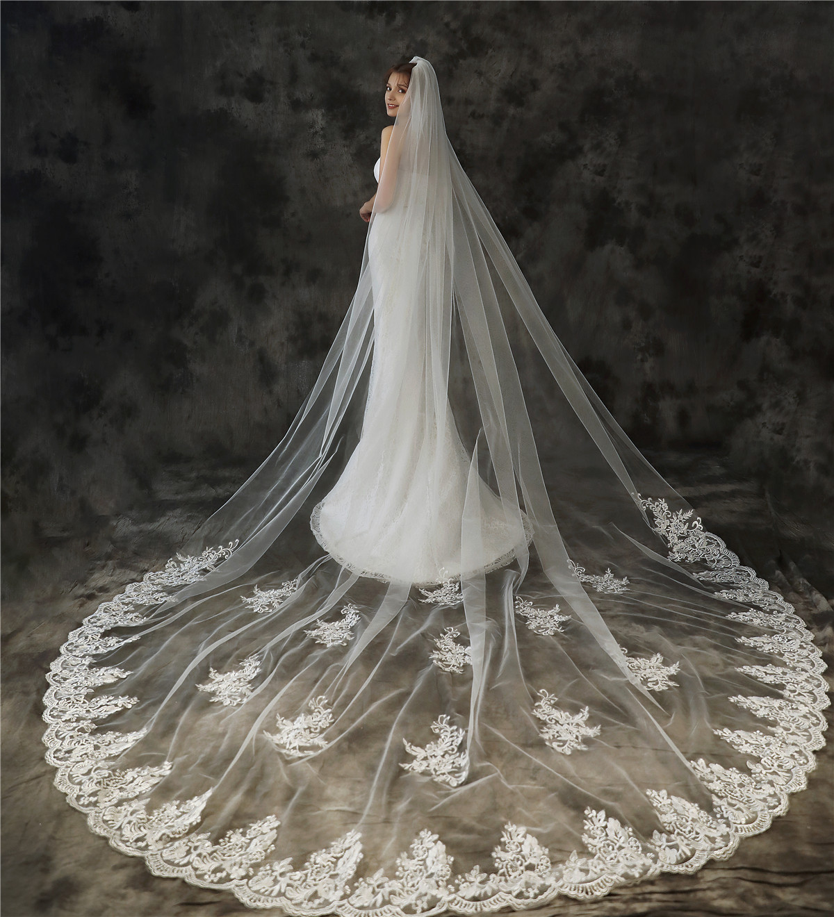 Simple Elegent Lace Appliques Wedding Veil W/Comb White New Cathedral Wedding Veil with Lace Edge – Tesoro Si! main image 2