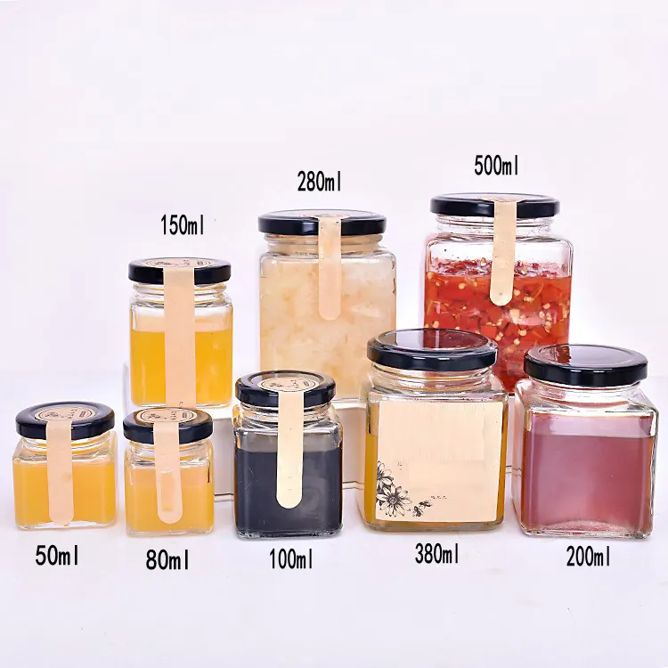 Pots à miel en verre avec couvercle, bocaux carrés, pour stocker le piment, avec carafe de 45ml, 85ml, 120ml, 180ml, 280ml, 380ml, 500ml, vente en gros, 730ml