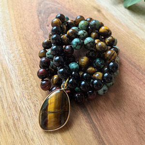 สร้อยมาลาถักมือ <span class=keywords><strong>108</strong></span> เม็ด, ไทเกอร์อาย, แอฟริกันเทอร์ควอยซ์, จาปา มาลา, สำหรับการทำสมาธิ, คริสตัลบำบัด, เครื่องประดับสำหรับโยคะและการสวดมนต์ - Product Image 4