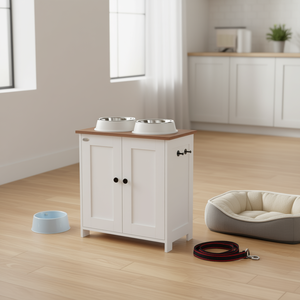 Station d'alimentation pour animaux PawHut en bois blanc, surélevée, avec bols réglables, panneau de rangement et crochets, pour chiens de taille moyenne - Product Image 2