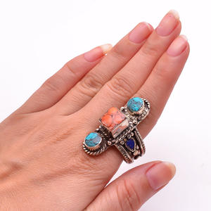 Bague en pierres précieuses corail turquoise naturel bague antique népalaise en argent tibétain fabricant de bijoux faits à la main - Product Image 2