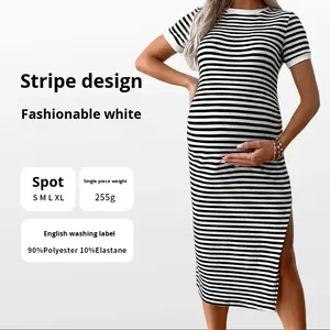 2025 européen américain robes de maternité à la mode décontracté fente col rond confortable élastique <span class=keywords><strong>robe</strong></span> de maternité avec des rayures - Product Image 2