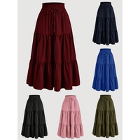 Jupe longue mi-mollet évasée à taille haute pour femme, avec cordon élastique et volants, couleur unie, idéale pour l'été et les occasions décontractées ou de vacances