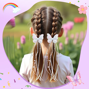 Pince à cheveux populaire faite à la main en tissu, avec pampilles papillon colorées super féériques, nœud perlé pour petite princesse, épingle à cheveux pour enfants - Product Image 2