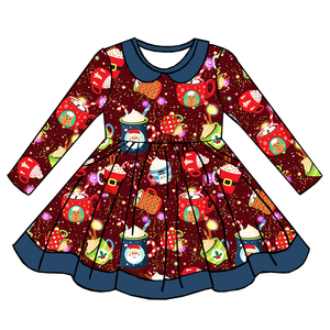 Vestido de Niña con Estampado de Seda de Leche y Dobladillo con Volantes, OEM ODM, Personalizado, con Diseño de Taza de Chocolate Caliente Navideña, Vestido Largo con Mangas Largas, Estilo Princesa - Product Image 4