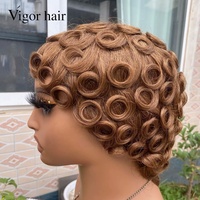 Wig Keriting Tanpa Lem Grosir dengan Poni, Rambut Manusia Gelombang Keriting Virgin Brasil, Wig Pixie Cut Tanpa Lace untuk Wanita