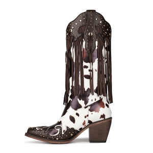 WETKISS özel Trendy topuklu ayakkabı inek baskı diz yüksek çizmeler Punk perçinler Cowgirl çizmeler saçak kovboy çizmeler ile püskül - Product Image 2