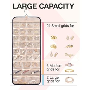 Organisateur de bijoux suspendu, rouleau de rangement double face avec cintre pour boucles d'oreilles, colliers, bracelets, bagues, montres - Product Image 5