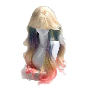 Peluca de mujer con tinte arcoíris, larga y rizada, de cobertura completa, con degradado iridiscente, flequillo lateral, material de fibra resistente a altas temperaturas - Product Image 3