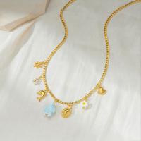 Collier en acier inoxydable plaqué or 18 carats, résistant au ternissement, avec breloques tortue, dauphin, corail et fleur bleu océan, bijoux côtiers sirène Kawaii