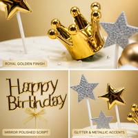 14pcs Set Dekorasi Kue Ulang Tahun Emas Metalik, Mahkota, Bintang, Bola Glitter untuk Perlengkapan Pesta