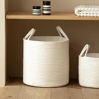 Panier de rangement rond pliable moderne en corde de coton tressée blanc uni avec poignées pour jouets, vêtements, chambre, salon, décoration intérieure