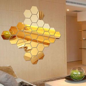 12Pcs/<b>Set</b> Hexagonal 3D <b>Mirror</b> <b>Wall</b> Stickers Restaurant Aisle Floor Personality Decorative <b>Mirror</b> Paste Living Room Sticker - Product Image 3