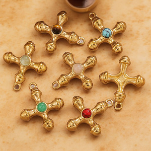 SP1004 - Suministros de Joyería Antideslustre, Chapado en Oro Vintage, Acero Inoxidable, Ojo de Tigre, Cuarzo Rosa, Colgantes con Cruz de Piedras Preciosas - Product Image 1