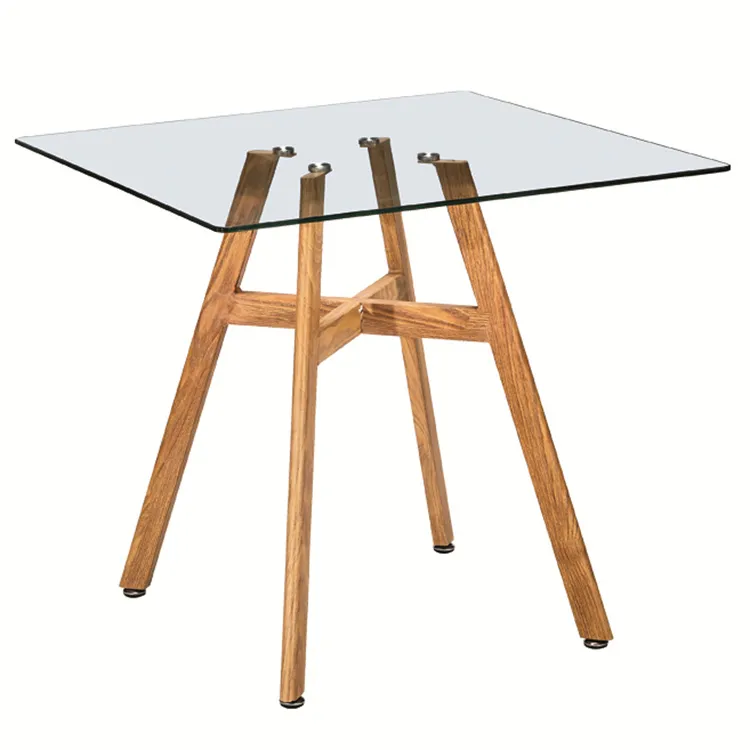Tabela de vidro temperado estilo nórdico europeu, pernas de madeira, móveis para casa, sala de jantar, mesa quadrada