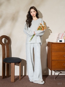 Cozy <strong>Knit</strong> Minimalist Loungewear Hooded <strong>Sweater</strong> Set Full-Length Wide-Leg Pants Women's Relaxed Home Outfit Three-Piece Suit - Product Image 2