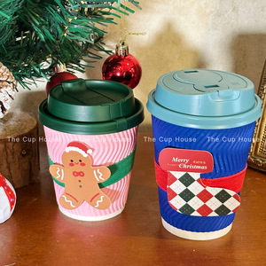 Merry Christmas Ripple Wall Paper <b>Cups</b> With Holiday Stickers <b>Disposable</b> Hot Drink <b>Cups</b> Red Green Design - Product Image 2