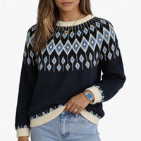 Pull-over en maille jacquard à motif géométrique losanges pour femme, col rond, bleu marine, motif blanc, épaules tombantes, bordure côtelée, coupe ample