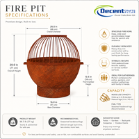 Brasero d'extérieur sphérique en acier Corten pour bois, avec barres supérieures en cage et poignées, finition patine de rouille, pour patio