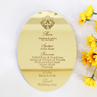 Tarjetas de menú acrílicas con espejo dorado ovalado con texto grabado, menús acrílicos cortados con láser PARA CENA DE BODA DIY de lujo