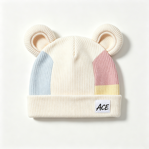 Lindo Gorro de Punto para Bebé con Orejas de Oso, Diseño de Bloques de Color, Acanalado, Suave y Elástico, 100% Acrílico, Marca ACE, Primavera, Otoño, Viajes - Product Image 4