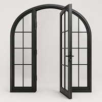 Puerta de Acero Arqueada Negra 2026 Directa de Fábrica con Vidrio Templado Transparente y Rejilla Francesa, Doble Luz Lateral, OEM CE