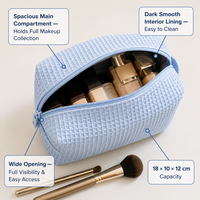 Bolsa de Maquillaje de Algodón Tipo Waffle Rosa Pálido con Logotipo Personalizado, Bolsa de Aseo de Viaje de Gran Capacidad para Mujer, Bolsa de Lavado Portátil al por Mayor
