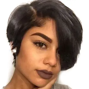 Perucas Curtas Retas Remy Perucas de Cabelo Humano Lace Front Perucas para Black Pixie Cut Mulher Brasileira 1 Peça Transparente Cabelo ÍNDIO 9"