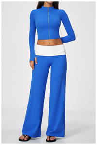 Conjunto Deportivo de 2 Piezas para Mujer, Top Corto sin Mangas con Cierre, Pantalones Acampanados de Cintura Alta, Azul a Rayas, Tejido Transpirable, Primavera/Verano - Product Image 6