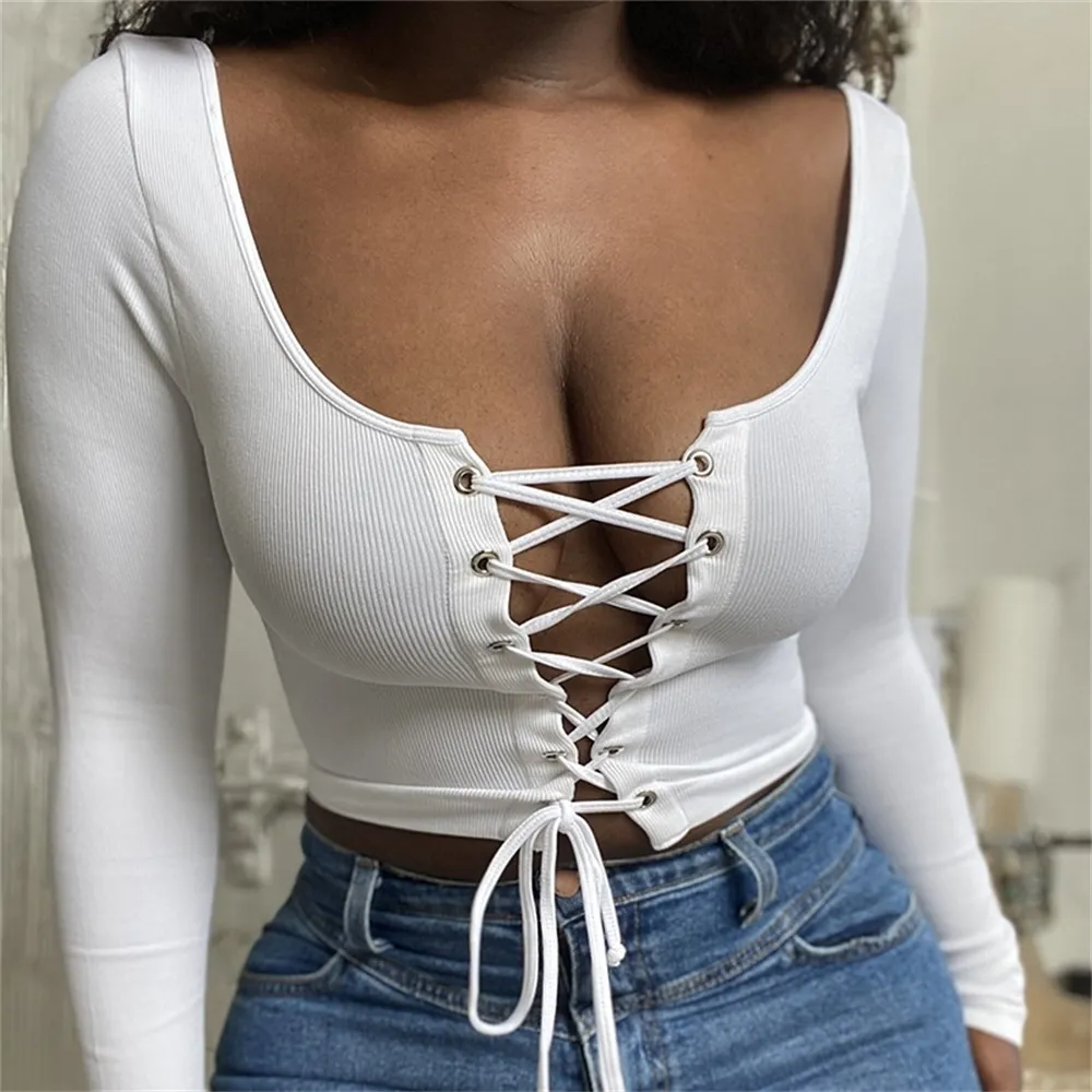 Hot Selling Black White Women T-shirt U Neck Bandage Lace Up Top For Womens Stretchy Sexy Long Sleeve Tops Ladies