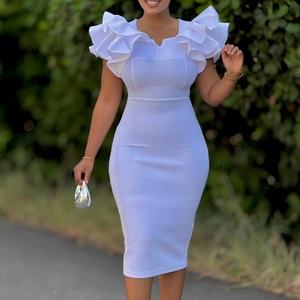 Robe africaine pour femmes à manches à volants perlées et à encolure drapée, mode - Product Image 2