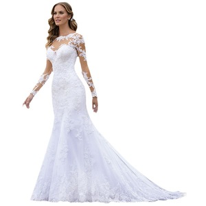 European Style Slim Fit Long Sleeve Backless Wedding Dress Sweetheart Neckline Hollow Lace Mermaid Gown White - Product Image 5