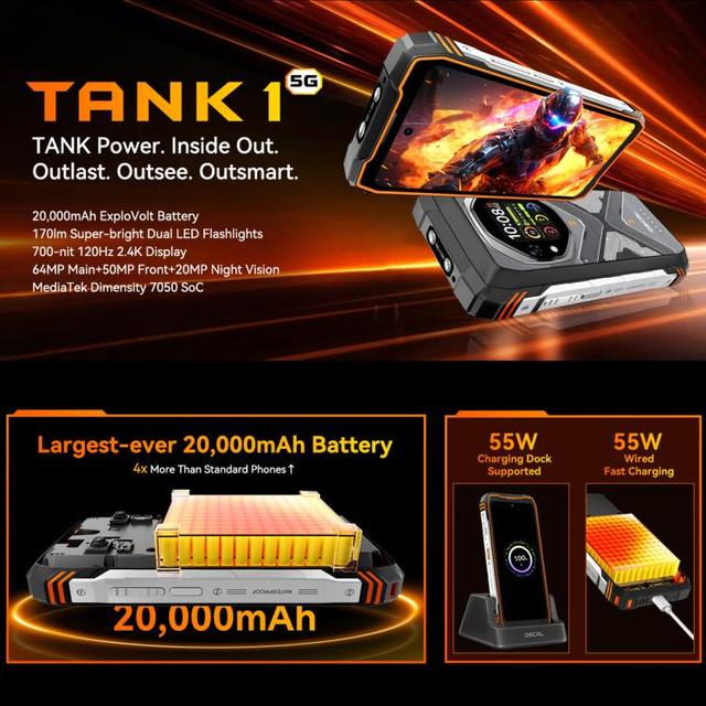 5G Blackview Oscal TANK 1 Rugged Phone 16GB+512GB Fingerprint Unlock 20000mAh Battery 120Hz IP69K Mobile Phones